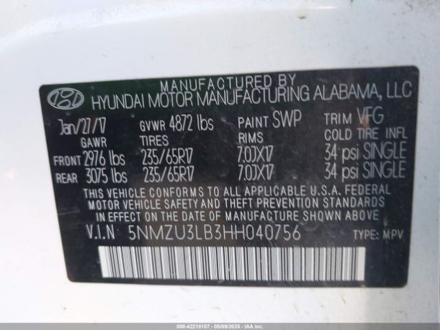5NMZU3LB3HH040756 Hyundai Santa Fe Sport 2.4l