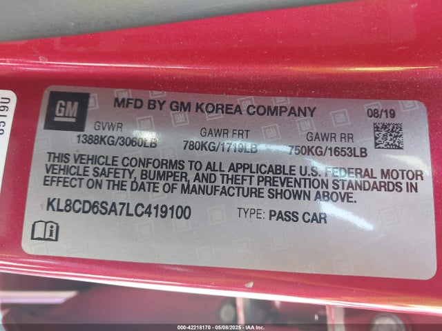 KL8CD6SA7LC419100 Chevrolet lv7 - mfi, variable valve timing, alum, gen 1 var 1