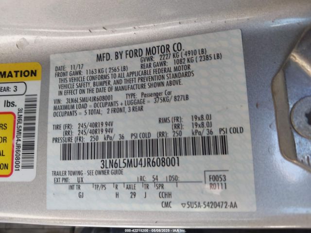 3LN6L5MU4JR608001 Lincoln Mkz Hybrid Reserve