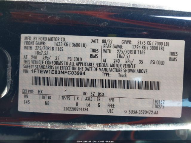 1FTEW1E83NFC03994 Ford F-150 Tremor