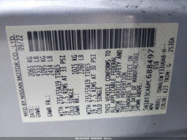 5N1BT3CA6PC688497 Nissan Rogue Sl Fwd