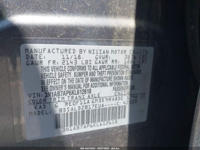3N1AB7AP6KL612618 Nissan SENTRA SV