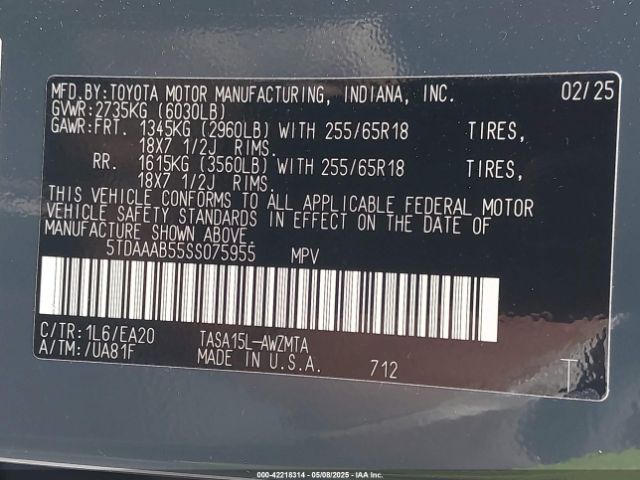 5TDAAAB55SS075955 Toyota Grand Highlander Xle