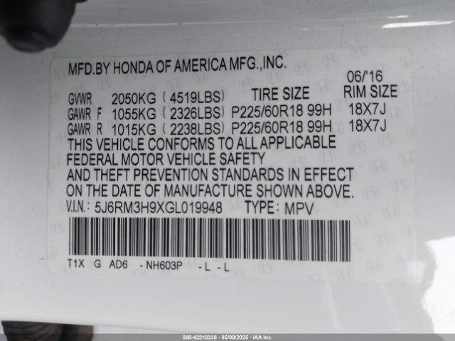 5J6RM3H9XGL019948 Honda Cr-v Touring