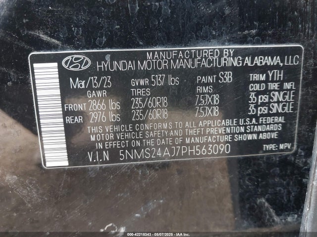 5NMS24AJ7PH563090 Hyundai Santa Fe Sel