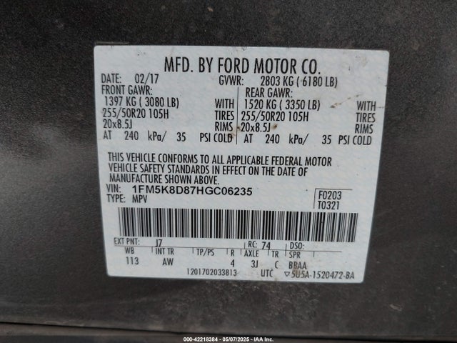 1FM5K8D87HGC06235 Ford EXPLORER XLT
