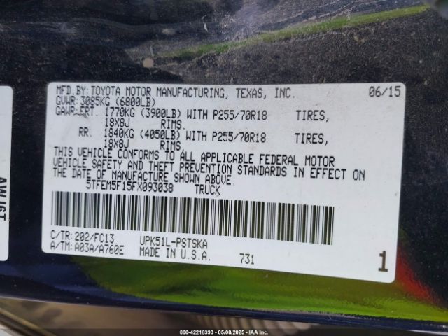 5TFEM5F15FX093038 Toyota Tundra Sr5 4.6l V8