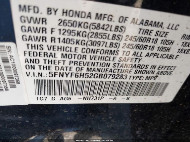5FNYF6H52GB079283 Honda Pilot Ex-l