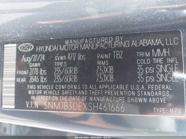 5NMJB3DEXSH461666 Hyundai TUCSON SEL