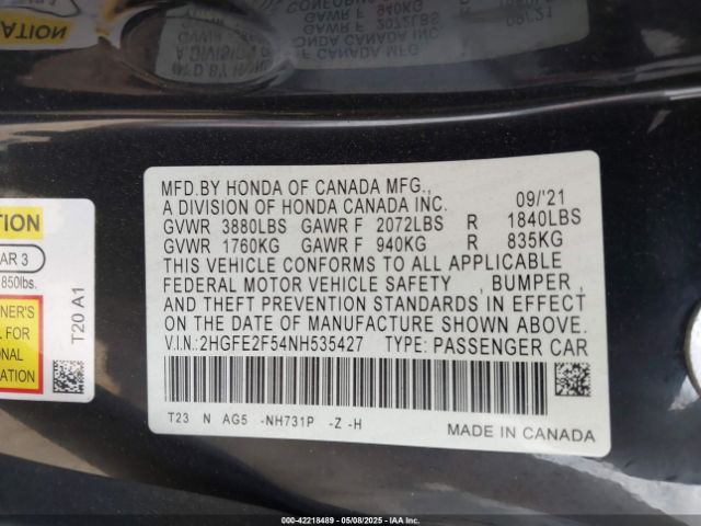2022 HONDA CIVIC 2HGFE2F54NH535427 Photo 8
