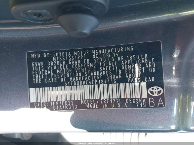 5YFBURHE4FP184116 Toyota Corolla S Plus