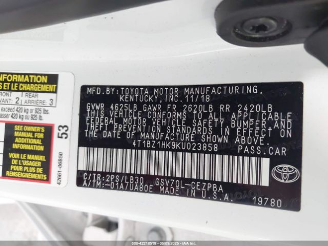 4T1BZ1HK9KU023858 Toyota Camry Xse V6