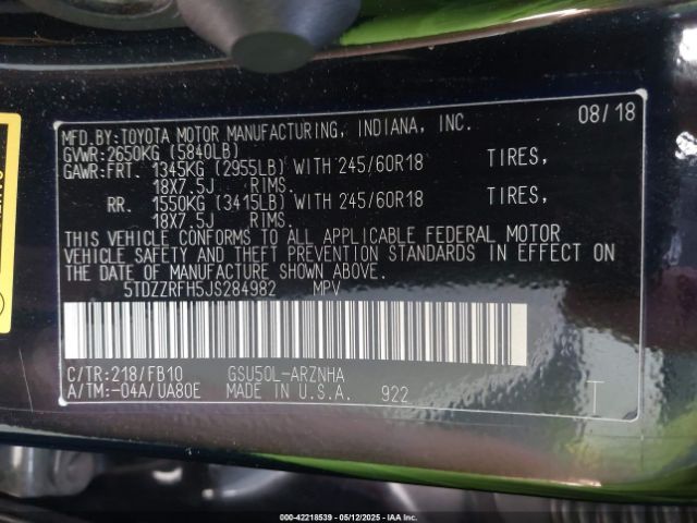 5TDZZRFH5JS284982 Toyota 2gr-fks