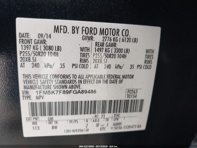 1FM5K7F89FGA89486 Ford 2015