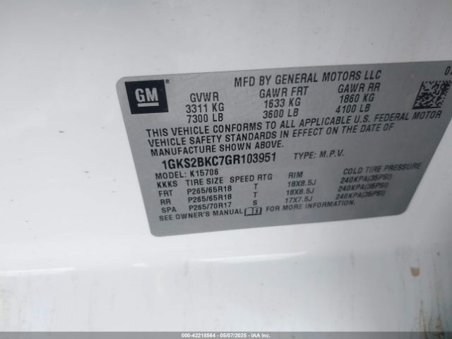 1GKS2BKC7GR103951 GMC YUKON SLT