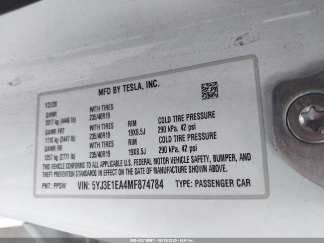 2021 TESLA MODEL 3 5YJ3E1EA4MF874784 Photo 8