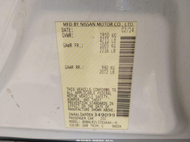 1N4AL3AP0EN349099 Nissan Altima 2.5 S