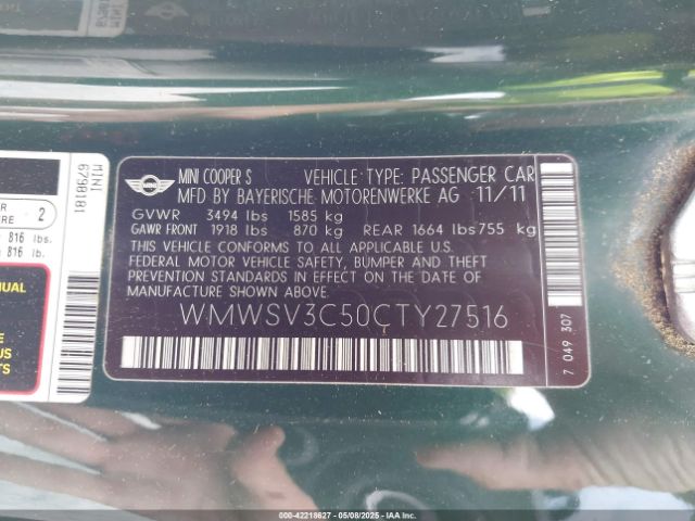 2012 MINI COOPER S WMWSV3C50CTY27516 Photo 8