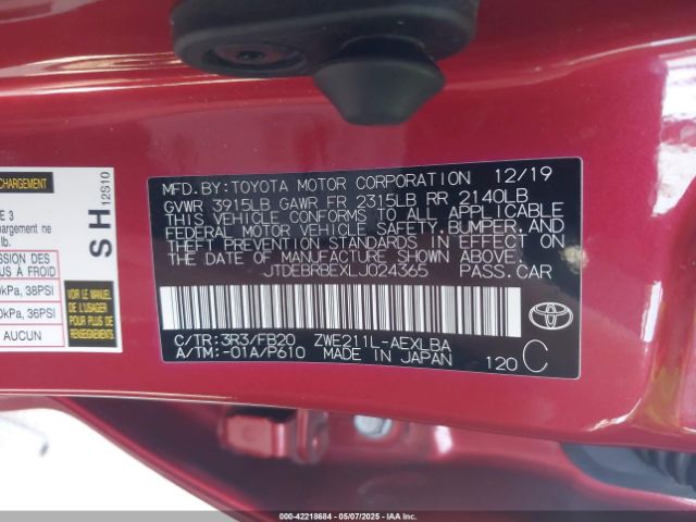 JTDEBRBEXLJ024365 Toyota Corolla Hybrid Le