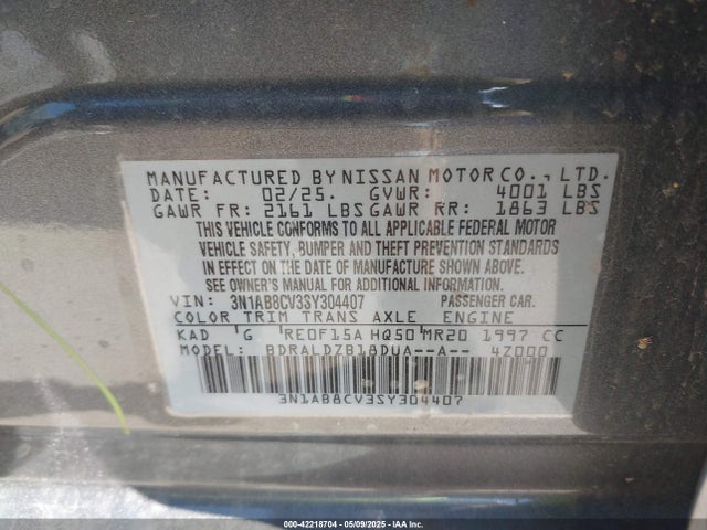 3N1AB8CV3SY304407 Nissan SENTRA SV