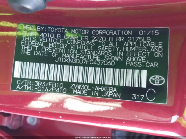 JTDKN3DU7F0437060 Toyota Prius Three