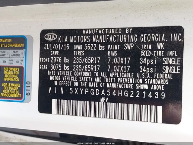 5XYPGDA54HG221439 KIA Sorento 3.3l Lx