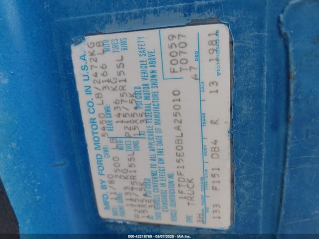 Продаж на аукціоні авто 1981 Ford F150, vin: 1FTDF15E0BLA25010, номер лоту: 42218769