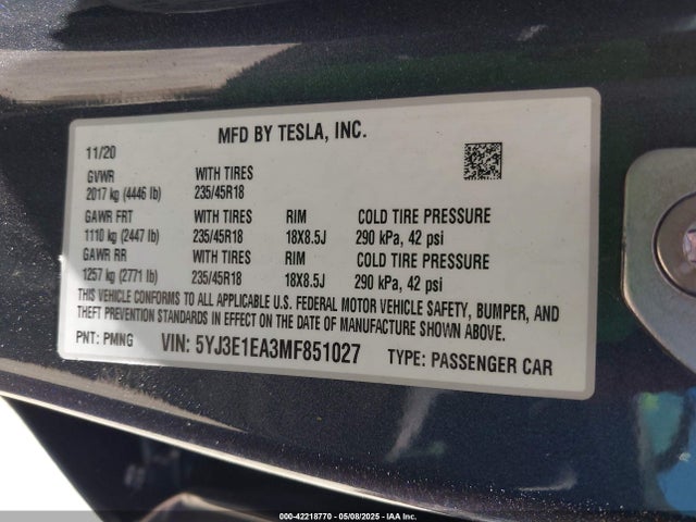 2021 TESLA MODEL 3 5YJ3E1EA3MF851027 Photo 8