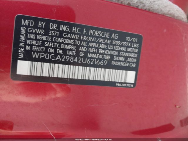 2002 PORSCHE BOXSTER WP0CA29842U621669 Photo 8