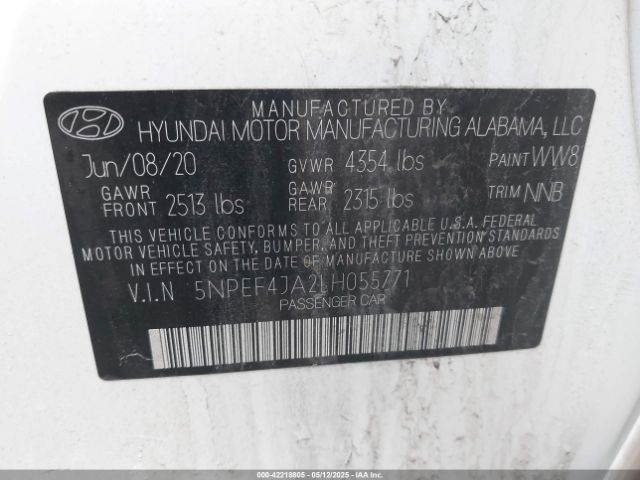 5NPEF4JA2LH055771 Hyundai SONATA SEL