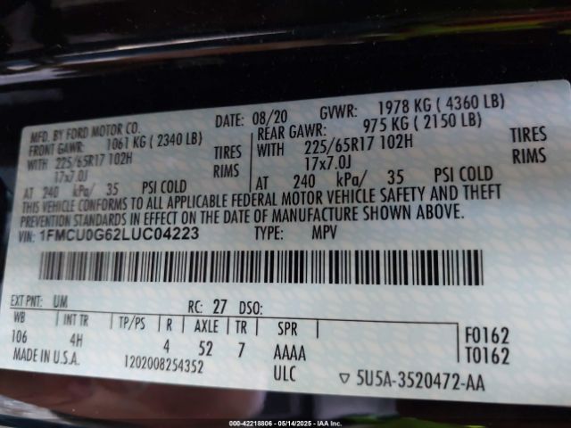 2020 FORD ESCAPE 1FMCU0G62LUC04223 Photo 8