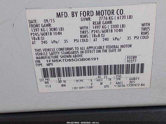 1FM5K7D85GGB06191 Ford EXPLORER XLT