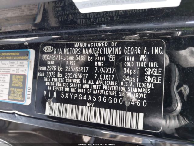 5XYPG4A59GG002460 KIA Sorento 3.3l Lx