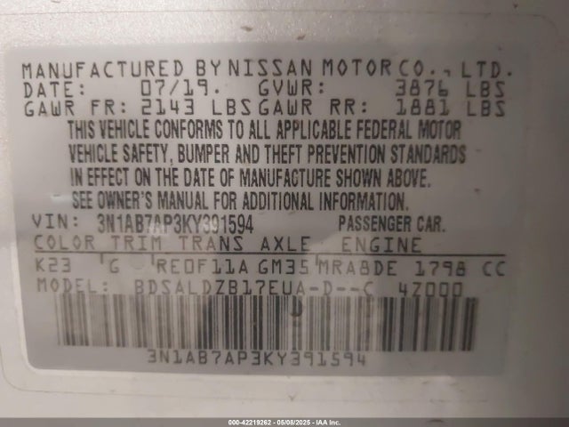 42219262 :رقم المزاد ، 3N1AB7AP3KY391594 vin ، 2019 Nissan Sentra Sv مزاد بيع