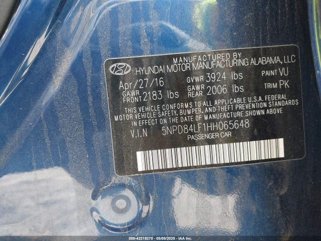 5NPD84LF1HH065648 Hyundai ELANTRA SE