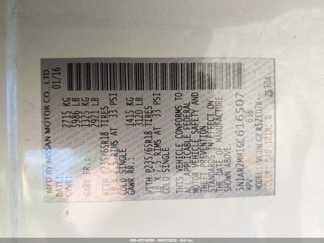5N1AR2MM1GC616507 Nissan Pathfinder Sl