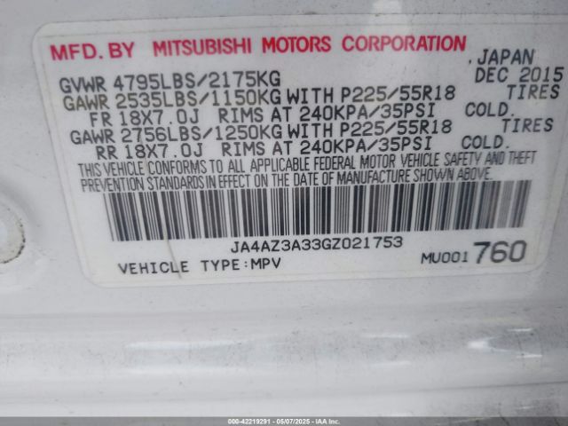 JA4AZ3A33GZ021753 Mitsubishi Outlander Sel