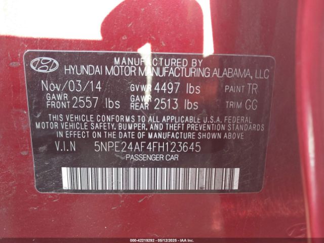 5NPE24AF4FH123645 Hyundai SONATA SE