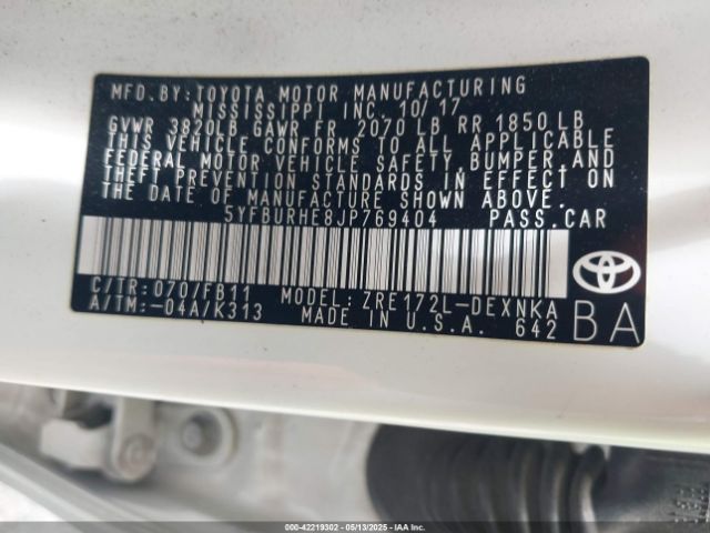 5YFBURHE8JP769404 Toyota COROLLA LE