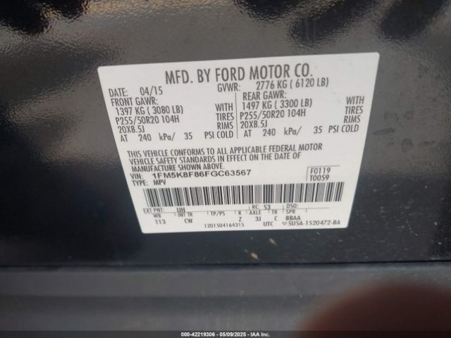 2015 FORD EXPLORER 1FM5K8F86FGC63567 Photo 8
