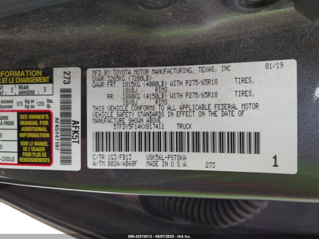 5TFDY5F14KX817411 Toyota Tundra Sr5 5.7l V8