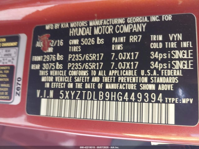 5XYZTDLB9HG449394 Hyundai Santa Fe Sport 2.4l