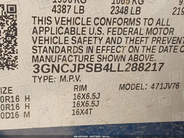 3GNCJPSB4LL288217 Chevrolet Trax Awd Lt