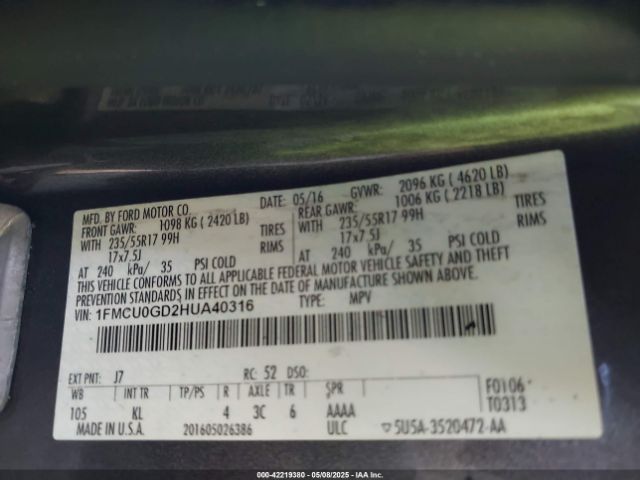 1FMCU0GD2HUA40316 Ford ESCAPE SE