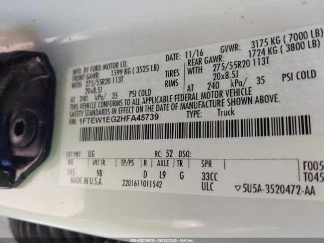 1FTEW1EG2HFA45739 Ford F-150 Platinum