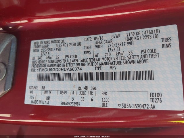 1FMCU9GD0HUA60374 Ford ESCAPE SE