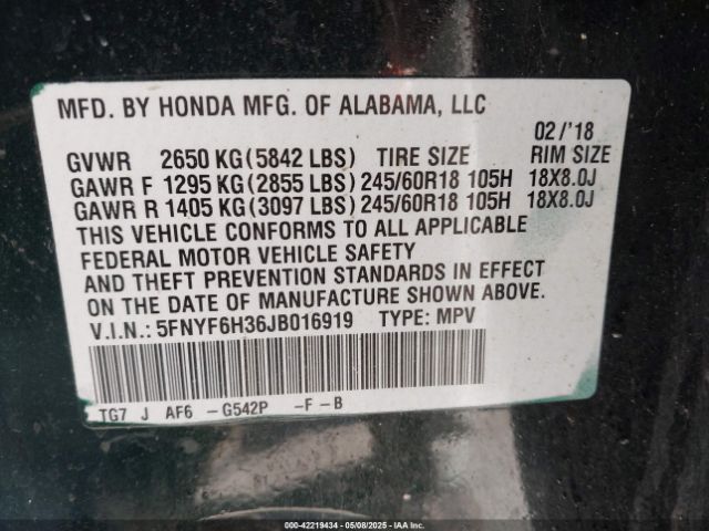 5FNYF6H36JB016919 Honda Pilot Ex