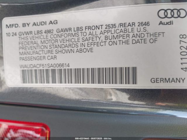 WAUDACF51SA006614 Audi A5 Sportback Premium 45 Tfsi S Line Quattro S Tronic