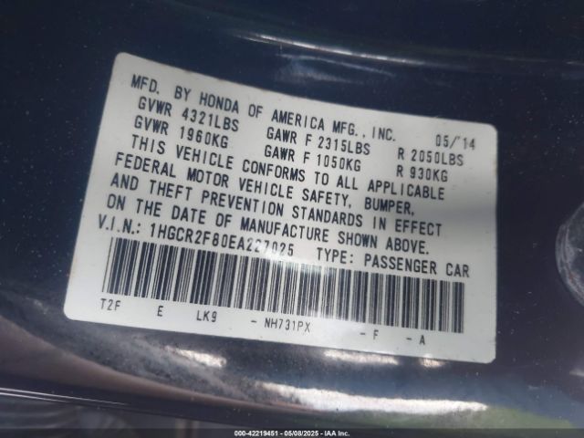 1HGCR2F80EA227025 Honda Accord Ex-l