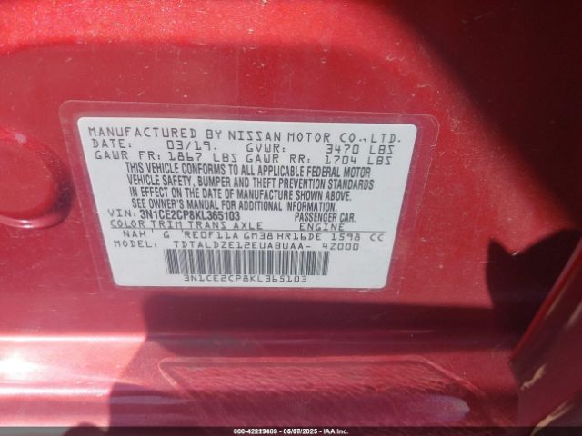 3N1CE2CP8KL365103 Nissan Versa Note Sv